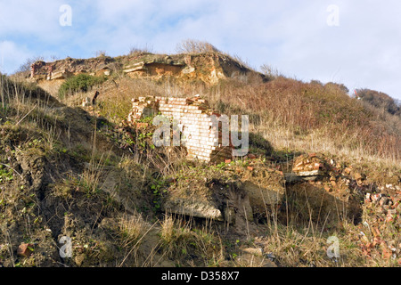 Ruinen eines Hauses auf den Klippen am Overstrand, Norfolk, Großbritannien Stockfoto