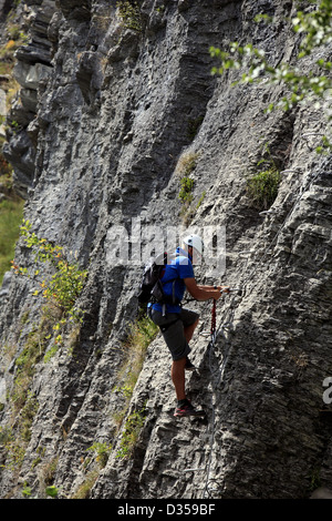 Via Ferrata Curalla, unterhalb der Hochebene d'Assy. Passy, Mont Blanc. Neben Saint-Gervais-Les-Bains, Haute Savoie, Frankreich. Stockfoto