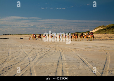 Ein Kamelritt am Cable Beach--bei Sonnenaufgang oder Sonnenuntergang--ist eine Besucher-Tradition in Broome, Western Australia. Stockfoto