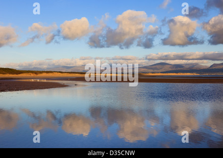 Gezeitentümpel reflektierenden Wolken in Llanddwyn Bay bei Ebbe in der Nähe von Newborough Warren Isle of Anglesey North Wales UK Stockfoto