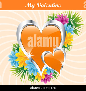 Orange Liebe Herzen und Blumen als Symbol für Valentinstag, Muttertag oder Hochzeitstag. Abbildung. Stockfoto