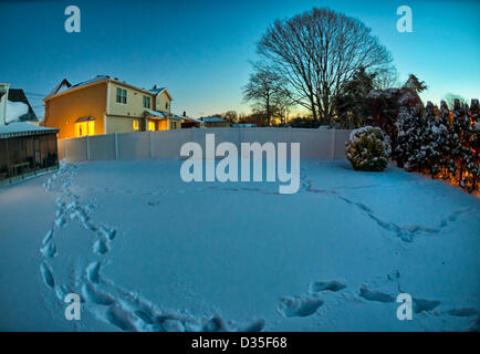 9. Februar 2013 - Merrick, New York, USA - am Abend nach Blizzard Nemo Long Island South Shore Gemeinschaften hits sind nach Hause Hinterhöfe im Schnee bedeckt. (180 Grad fisheye-Objektiv-Ansicht) Stockfoto