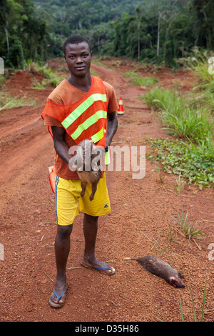 Kongo, 27. September 2012: ein Arbeiter für Sinohydro Gebäude eine große neue Asphaltstraße durch Urwald mit zwei Tieren, die er gerade für Bushmeat getötet. Stockfoto