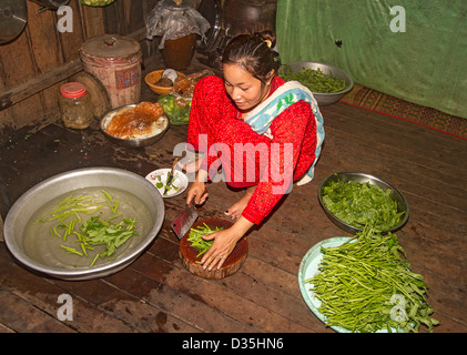 Junge Frau bereitet Prunkwinde Stiele und Spinat zum Abendessen auf der Insel Koh Trong über Mekong River von Kratie, Kambodscha Stockfoto