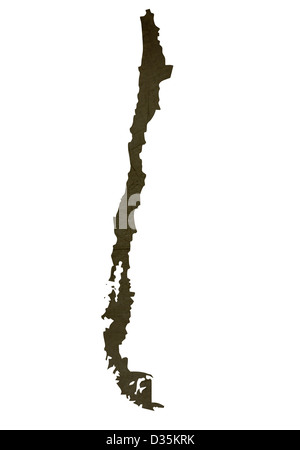 Dunkle Silhouette und strukturierten Landkarte von Chile isoliert auf weißem Hintergrund. Stockfoto