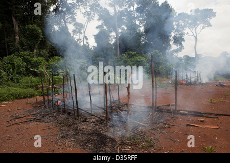 Kongo, 27. September 2012: Ecoguards eine illegale Wilderer Lager niederbrennen.   Kein Tier jagen ist in diesem Bereich erlaubt. Stockfoto