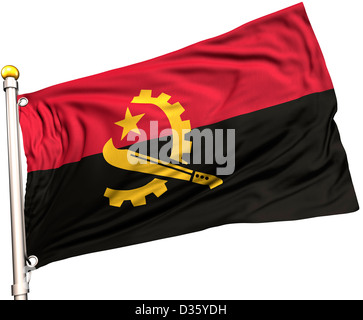 Angola Fahne an einem Fahnenmast. Clipping-Pfad enthalten. Sichtbar auf die Flagge 100 % Seide Textur. Stockfoto