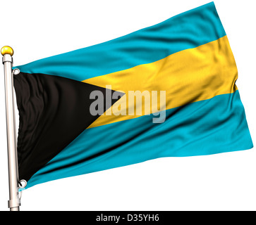 Bahamas Flagge auf eine Fahnenstange. Clipping-Pfad enthalten. Sichtbar auf die Flagge 100 % Seide Textur. Stockfoto