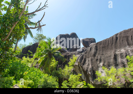 Blick auf die Berge in La Digue island Stockfoto