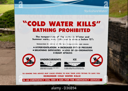 Warnschild zum Schwimmen oder Baden im Lower Dean Head Reservoir, West Yorkshire, UK Stockfoto