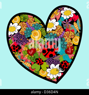 Mehrfarbige Herzensliebe mit Federelementen: Marienkäfer, Blumen und Schmetterling. Vektor-Datei geschichtet für einfache Handhabung und individuelle Farbgebung. Stockfoto
