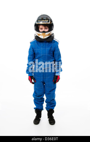 Kind Motorsport Schutzkleidung tragen Stockfoto