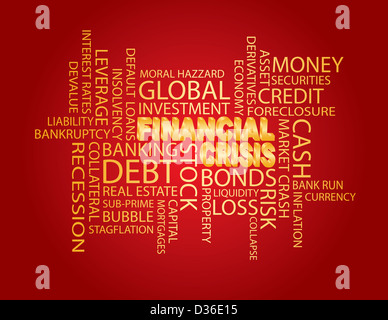 Finanzkrise-3D in Gold Word Cloud Abbildung isoliert auf rotem Grund Stockfoto