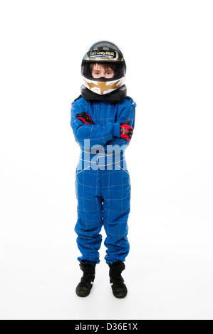 Kind Motorsport Schutzkleidung tragen Stockfoto