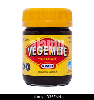 Ein Glas Vegemite Hefe Extrakt von Kraft auf weißem Hintergrund Stockfoto