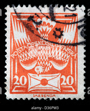 Brieftaube mit Brief, Briefmarke, Tschechoslowakei, 1920 Stockfoto