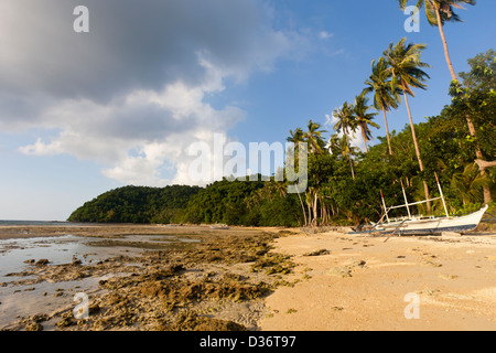 Küste zu leeren, Gezeiten, ausgehen mit Algen und Boot am Strand. Stockfoto