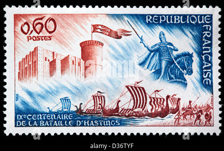 Wilhelm der Eroberer, Burg und Norman Schiffe, 900. Jahrestag der Schlacht von Hastings, Briefmarke, Frankreich, 1966 Stockfoto
