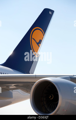 Düsseldorf, Deutschland, Heckfluegel des Airbus A380 von Lufthansa Stockfoto