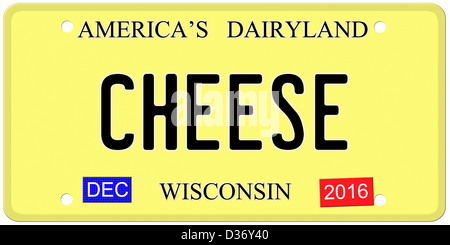 Eine Nachahmung Wisconsin Nummernschild mit Dezember 2016 Aufklebern und Käse drauf machen ein tolles Konzept geschrieben. Stockfoto