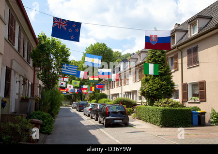 Essen, Deutschland, WM-Dekorationen in einem Wohngebiet Stockfoto