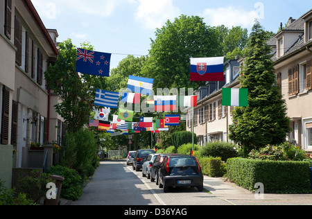 Essen, Deutschland, WM-Dekorationen in einem Wohngebiet Stockfoto