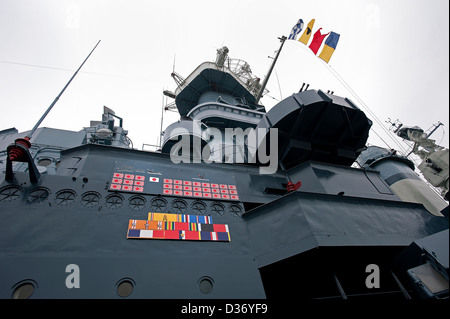 Schlachtschiff USS North Carolina, BB-55, zeigt es die japanische Kampagne Markierungen sowie seine Ehrungen und Auszeichnungen. Stockfoto