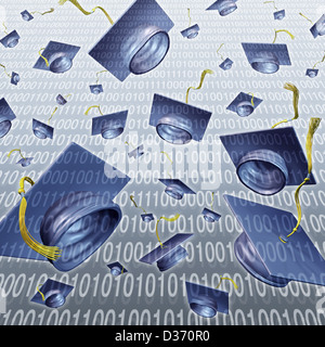Internet-Bildung und Online-lernen mit Abschluss Kappen geworfen in der Luft auf einem digitalen Binärcode Technik Hintergrund als Stockfoto