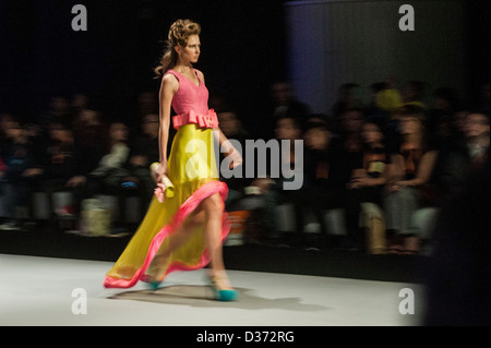 Ein Modell geht die Start-und Landebahn während der Jeanny Ang Couture Modenschau am 15. Januar 2013 im Hong Kong Exhibition Centre in H Stockfoto