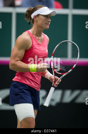 Australiens Samantha Stosur (links) verloren 1. Runde Fed-Cup-Match gegen Petra Kvitova Tschechien Vs Australien in Ostrava Stockfoto