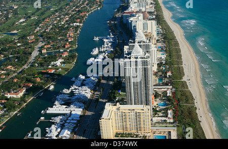 Miami South Beach Hotels aus der Luft; Aerial View of Miami Süd Strandhotels; Stockfoto