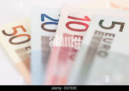 Euro Banknoten Werte von 5, 10, 20 und 50 Stockfoto