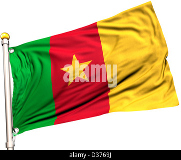 Kamerun Flagge auf eine Fahnenstange. Clipping-Pfad enthalten. Sichtbar auf die Flagge 100 % Seide Textur. Stockfoto