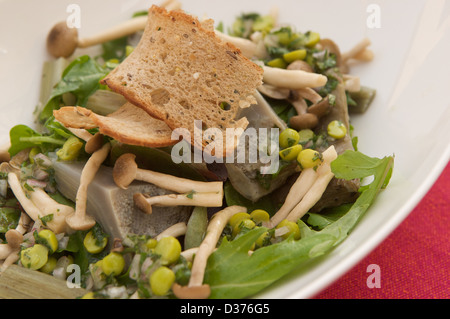 Artischocken-Salat mit eingelegtem Shimeji Pilze und Erbsen serviert auf einem Bett aus grünen Gartensalat. Stockfoto