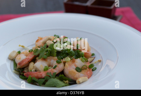 Garnelen-Salat mit Minze, Basilikum und knackige Erdnüsse in einer weißen Schüssel serviert Stockfoto