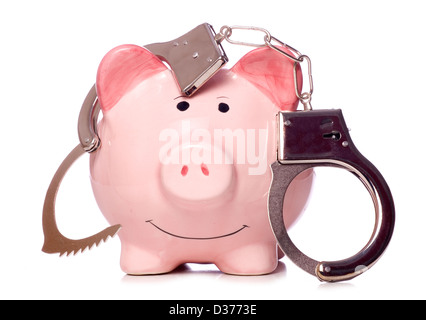 Sparschwein mit Handschellen Studio Ausschnitt Stockfoto