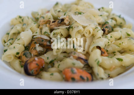 Pasta mit Muscheln Mariniere Sauce garniert mit Parmesan und Petersilie Stockfoto