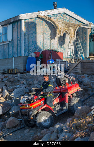 Feuerwehrmann mit 4 Wheeler. Polar Bear Haut hängt an einem Haus im Dorf Ittoqqortoormiit (Scoresbysund), Grönland Stockfoto