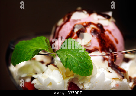 Cremiges Eis mit einem Blatt Minze Stockfoto