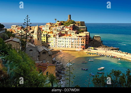 Bunten Fischen beherbergt die Fischerei Hafen von Vernazza, Nationalpark der Cinque Terre, ligurische Riviera, Italien. Stockfoto