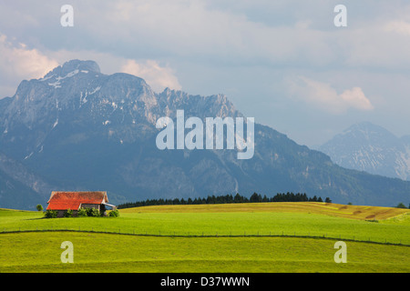 Rot überdachten Hütte vor Berg, Bayern, Deutschland Stockfoto