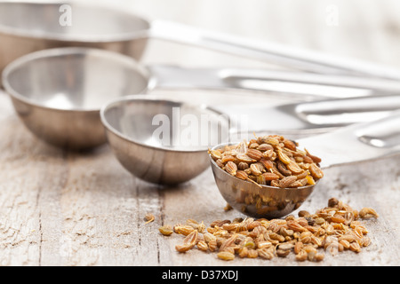 Anissamen in Metall Schaufel auf Holztisch Hintergrund Stockfoto