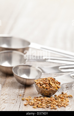 Anissamen in Metall Schaufel auf Holztisch Hintergrund Stockfoto