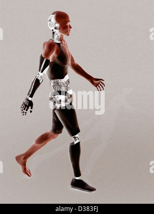 Cyborg zu Fuß auf Binär-Code-Hintergrund Stockfoto