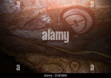 Wandjina Figur Bilder, von den Worrorra Menschen, Floß Punkt Collier Bay, Kimberley-Region, Western Australia Stockfoto