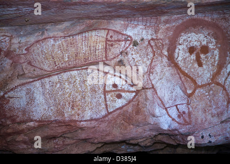 Wandjina Figur Bilder, von den Worrorra Menschen, Floß Punkt Collier Bay, Kimberley-Region, Western Australia Stockfoto