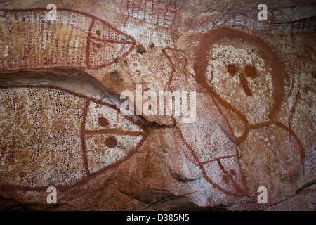 Wandjina Figur Bilder, von den Worrorra Menschen, Floß Punkt Collier Bay, Kimberley-Region, Western Australia Stockfoto