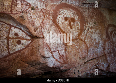 Wandjina Figur Bilder, von den Worrorra Menschen, Floß Punkt Collier Bay, Kimberley-Region, Western Australia Stockfoto
