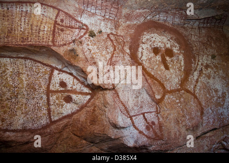 Wandjina Figur Bilder, von den Worrorra Menschen, Floß Punkt Collier Bay, Kimberley-Region, Western Australia Stockfoto