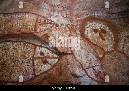 Wandjina Figur Bilder, von den Worrorra Menschen, Floß Punkt Collier Bay, Kimberley-Region, Western Australia Stockfoto